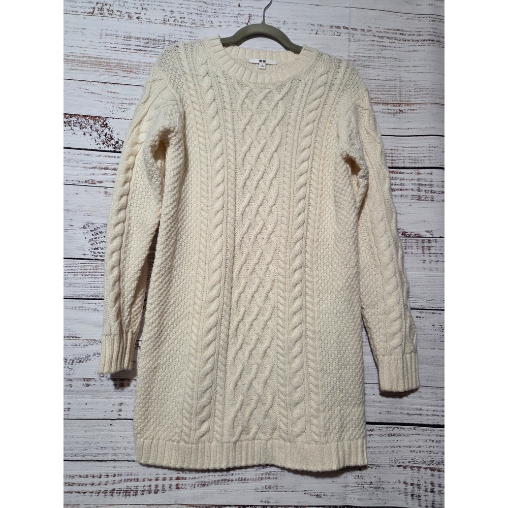 Uniqlo Womens Cable Knit Sweater Dress Cream Long Sleeve Mini Small Wool Blend